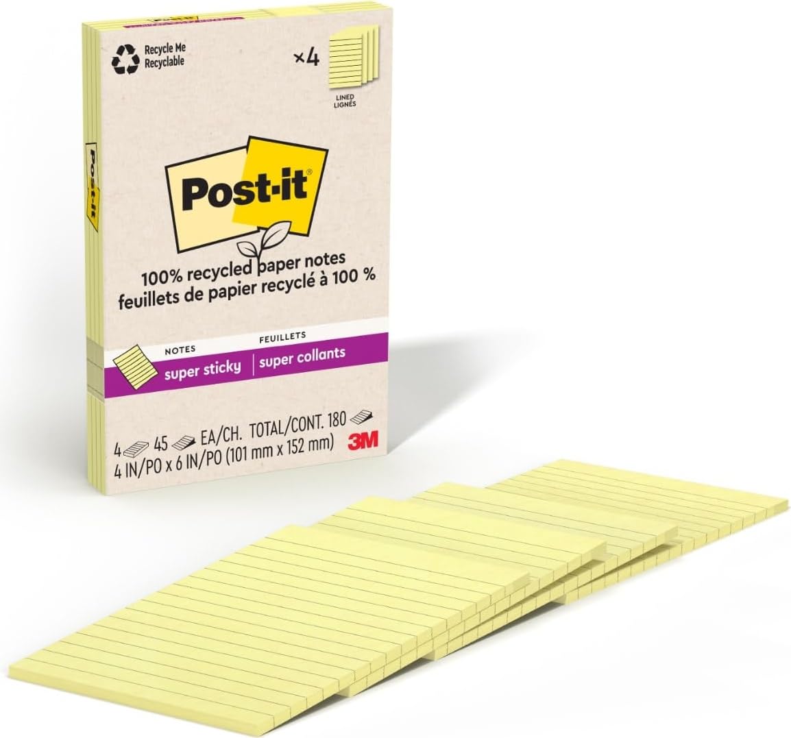 Post-it 100% Recycled Paper Super Sticky Notes, Lined, 4 in. x 6 in., 4 Pads, 45 Sheets per Pad, Wanderlust Pastels, School Supplies and Office Products