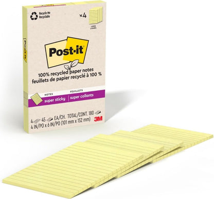 Post-it 100% Recycled Paper Super Sticky Notes, Lined, 4 in. x 6 in., 4 Pads, 45 Sheets per Pad, Wanderlust Pastels, School Supplies and Office Products