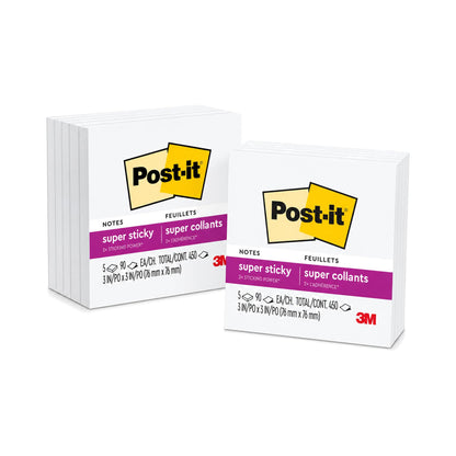 Post-it Super Sticky Notes, 5 Sticky Note Pads, 3 x 3 in., School Supplies, Office Products, for Vertical Surfaces, Monitors, Walls and Windows, First Snow White