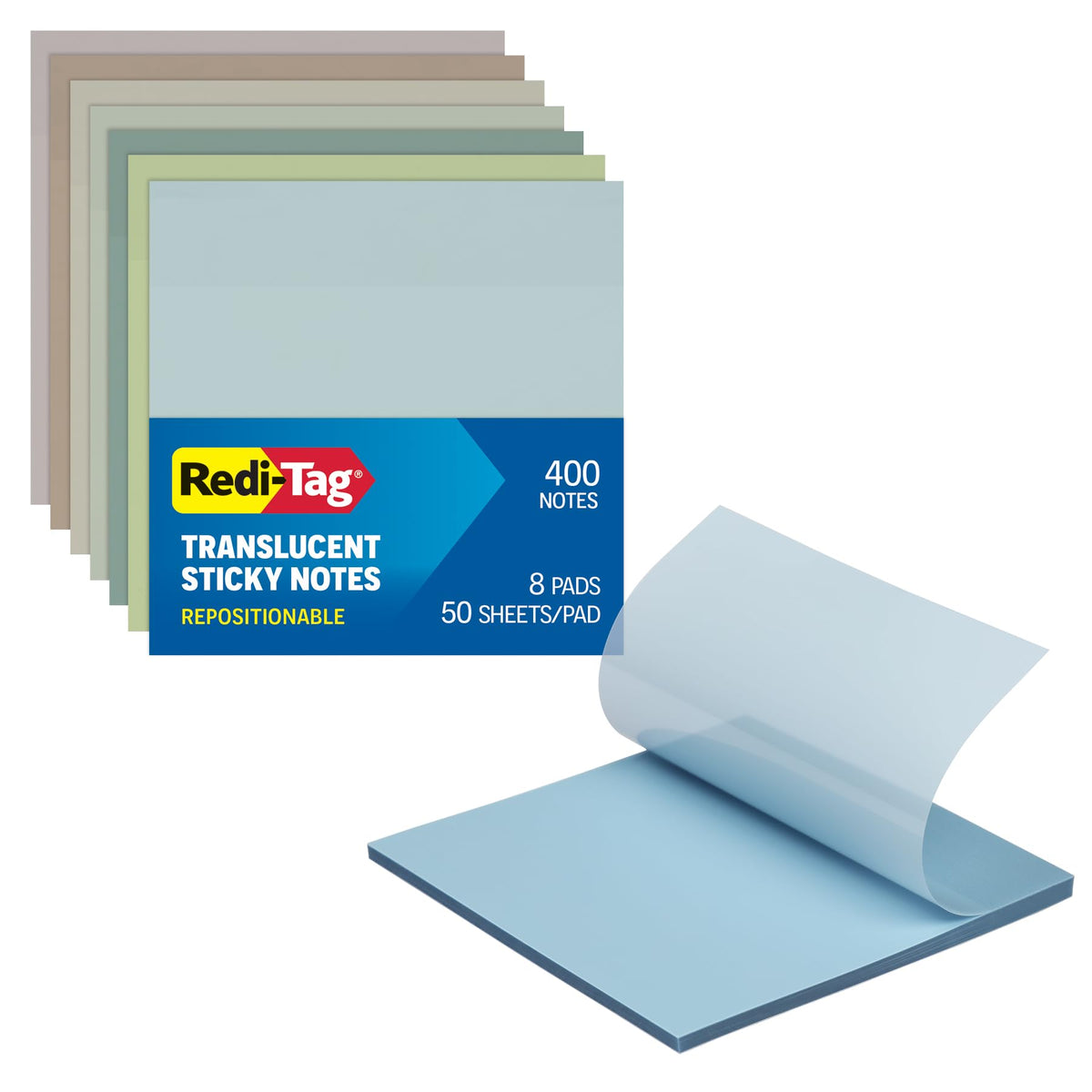Redi-Tag Translucent Sticky Notes, Transparent Self-Stick Notes, 3" x 3", 4 Pads, 50 Notes Per Pad, 200 Sheets (1006596)