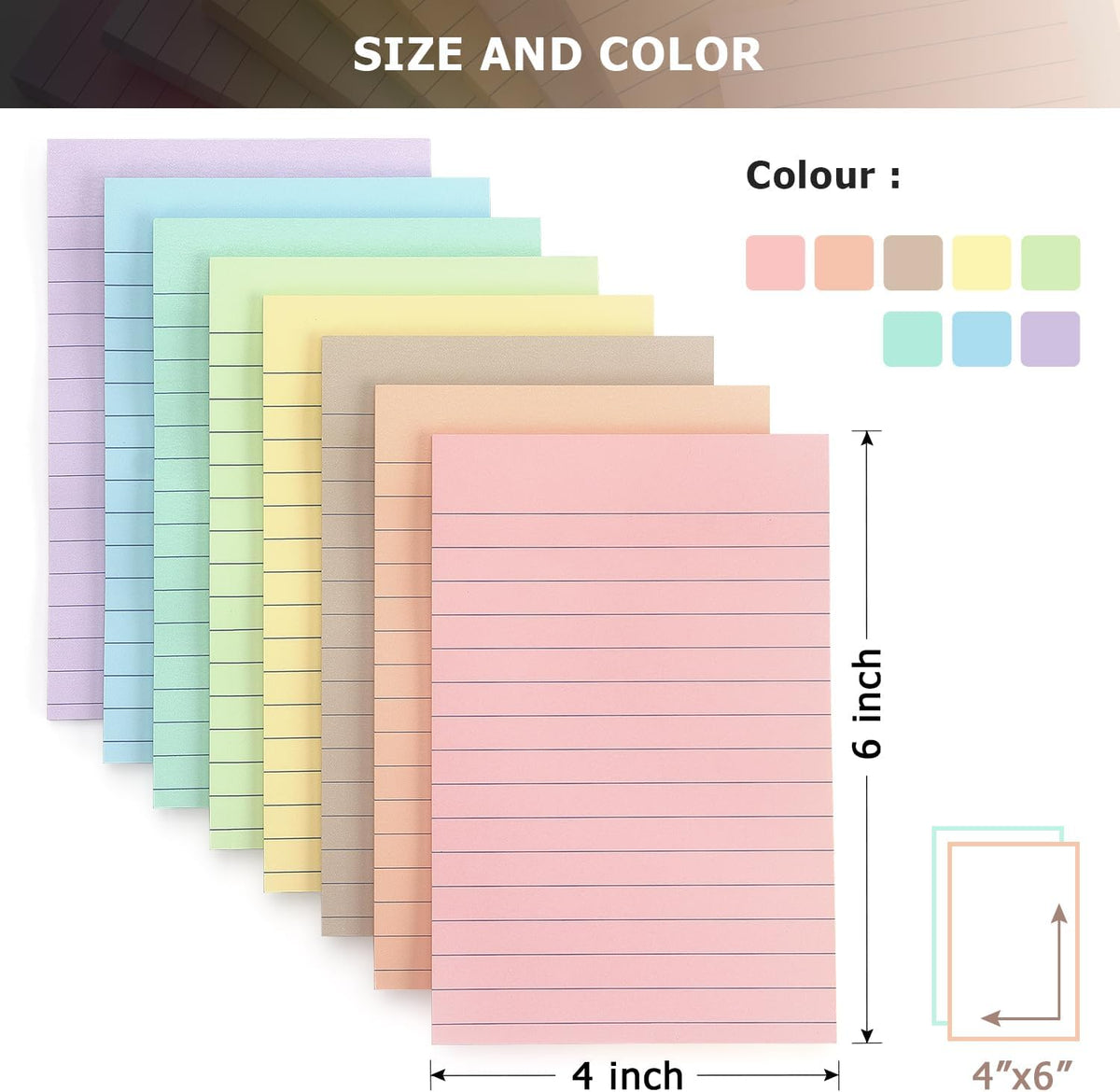Lined Sticky Notes, 4x6 in, 8 Pack, Light Colors, Self-Adhesive Notepads
