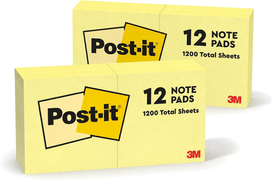 Post-it Sticky Notes 654, Canary Yellow, 3x3 in, 2 Pack, 24 Pads