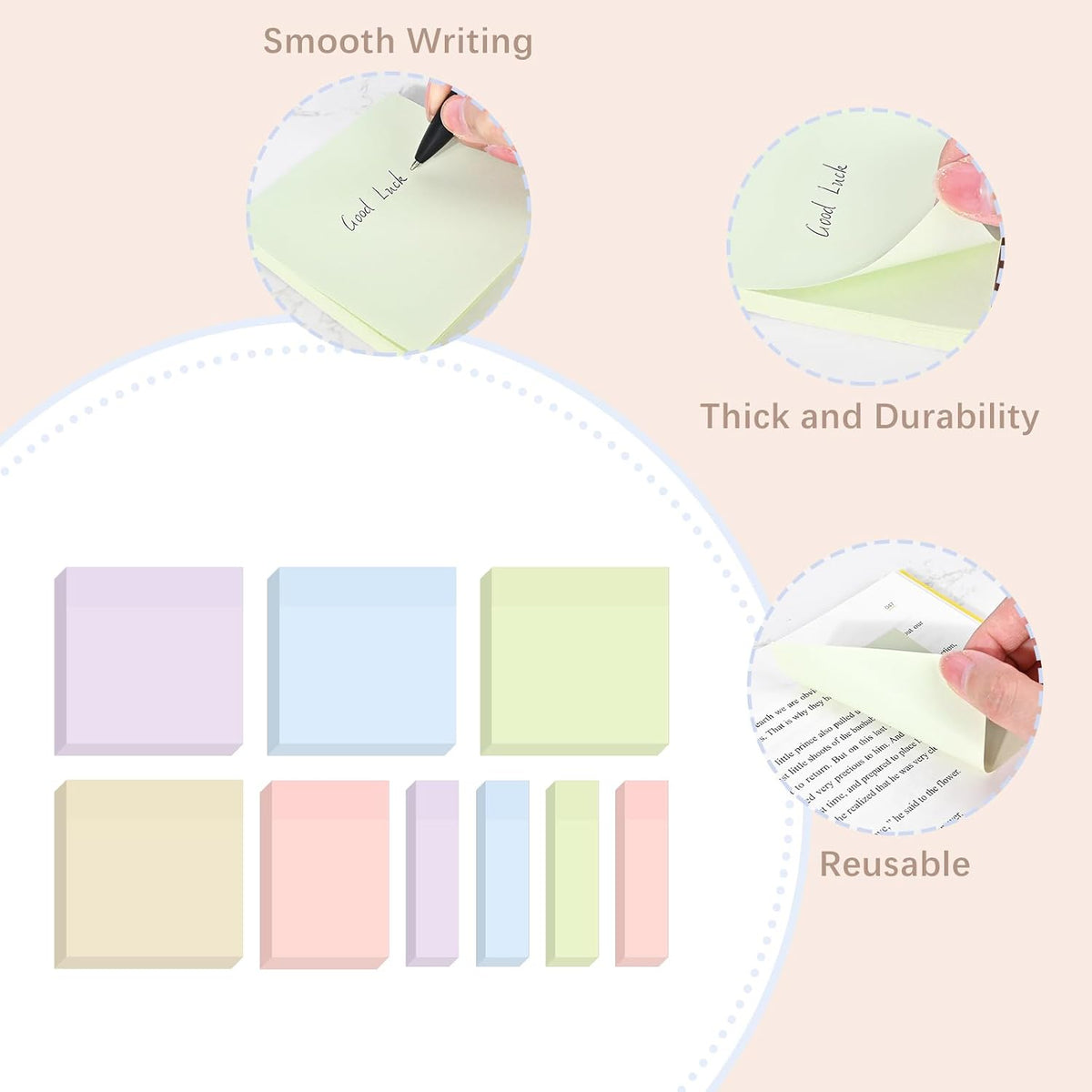 BAYTORY 6 Pads Pastel Sticky Notes, Self-Stick Note (3x3 & 3x2 & 3x0.7 in)