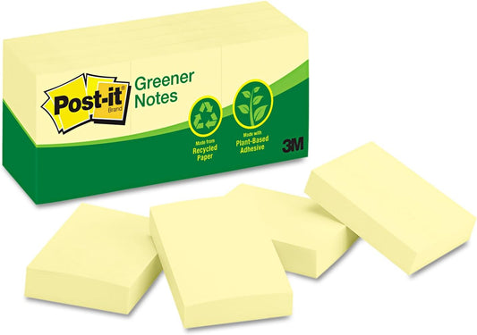 Post-it Greener Notes, 1.5x2 in, 12 Pads, America's #1 Favorite Sticky Notes,Canary Yellow, Clean Removal, 100% Recycled Material (653 RP)