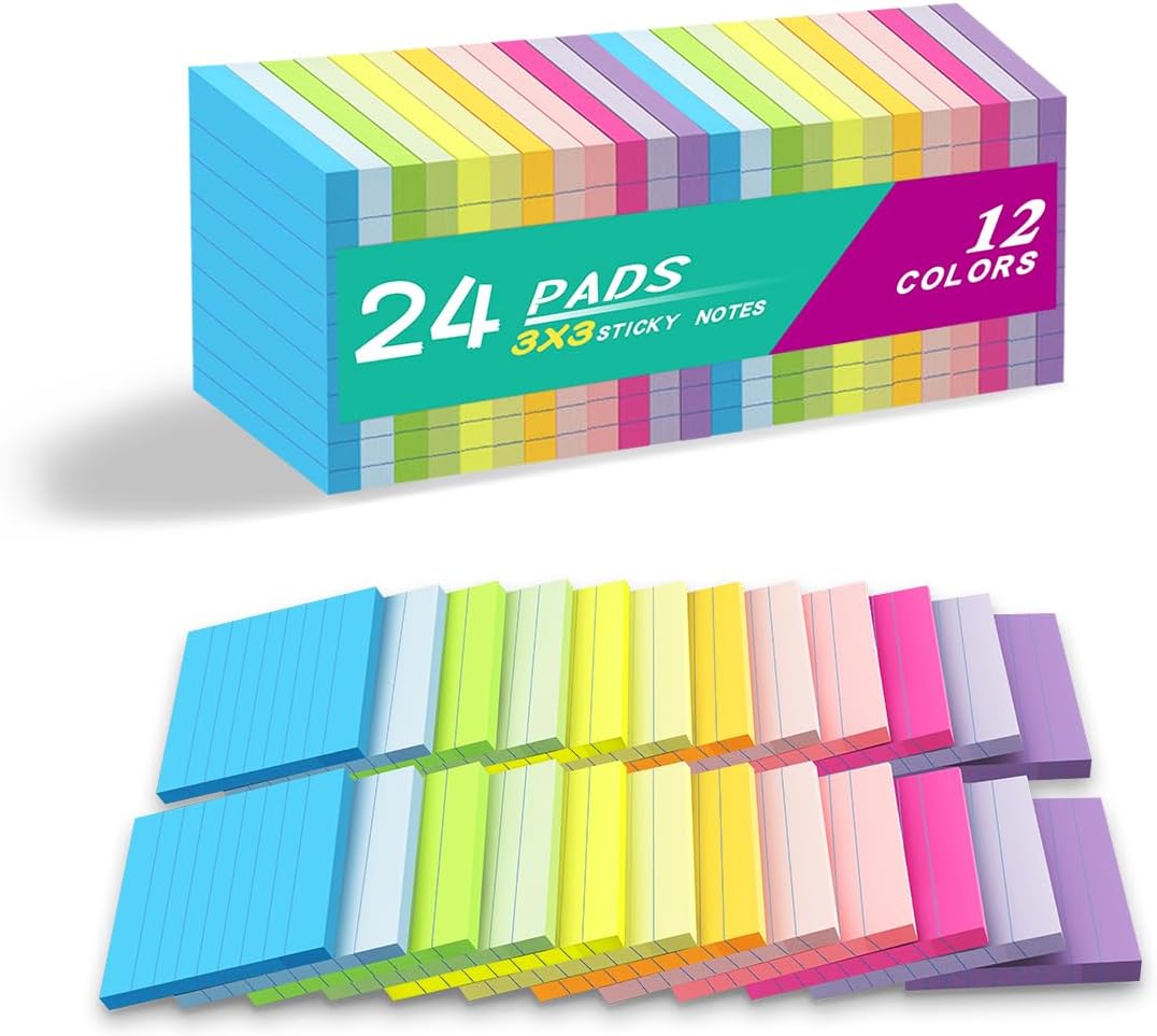 (24 Pack) Lined Sticky Notes 3x3 in,Bright Notepads with Lines