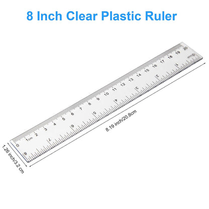 2 Pack - 8 inch Clear Plastic Ruler Straight Shatterproof Transparent Rulers for Office Supply (Clear)