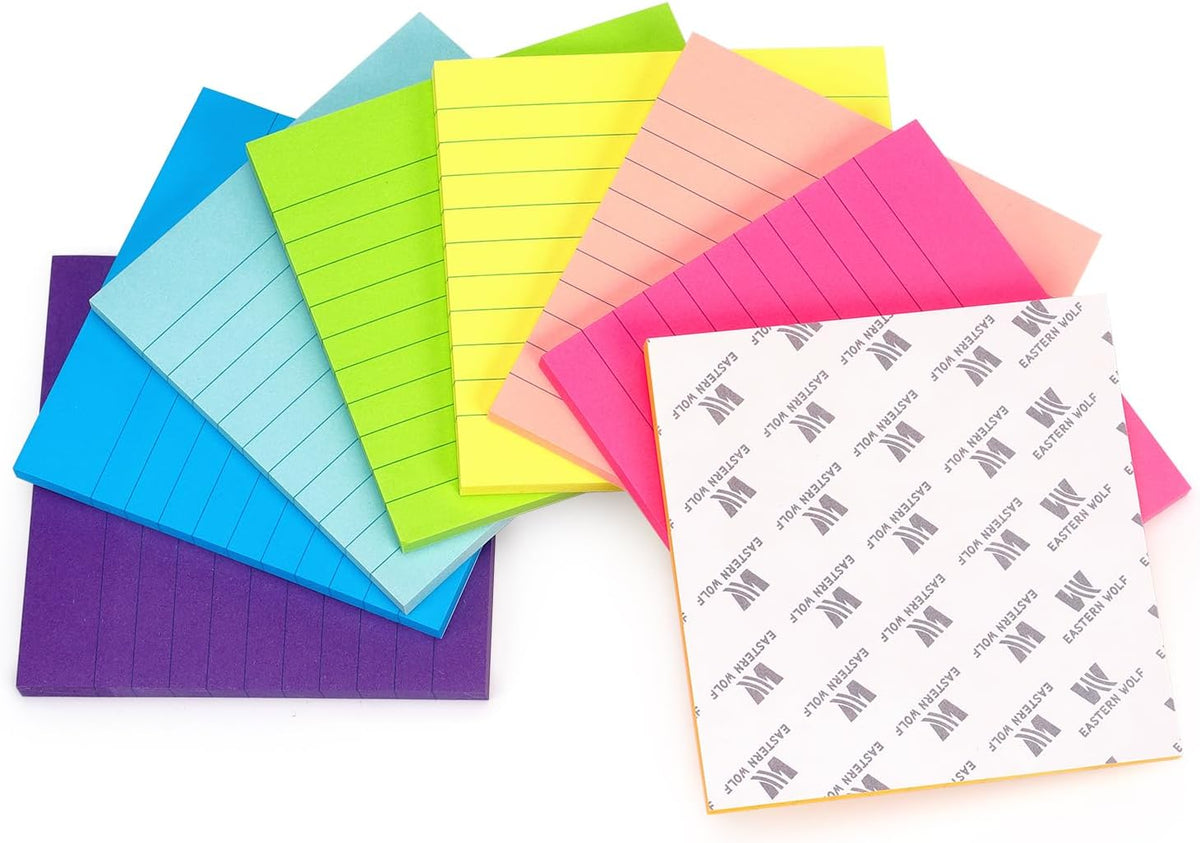 Eastern Wolf Lined Sticky Notes, 4x4in, 8 Bright Colors Pads, 50 Sheets/Pad