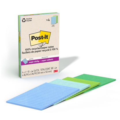 Post-it 100% Recycled Paper Super Sticky Notes, Lined, 4 in. x 6 in., 4 Pads, 45 Sheets per Pad, Wanderlust Pastels, School Supplies and Office Products