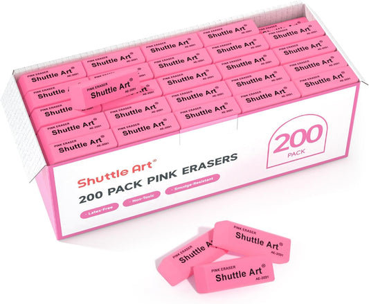 Shuttle Art Pink Erasers, 200 Pack Bulk for School, Office, Latex-Free Soft Erasers for Kids, Teachers as School Supplies