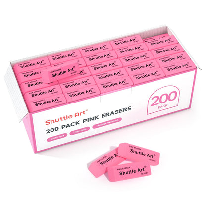 Shuttle Art Pink Erasers, 200 Pack Bulk for School, Office, Latex-Free Soft Erasers for Kids, Teachers as School Supplies