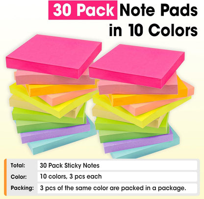 30 Pads Sticky Notes 3x3, Self-Stick Pads Bulk Bright Colors, School Supplies, Office Products, 50 Sheet/Pad
