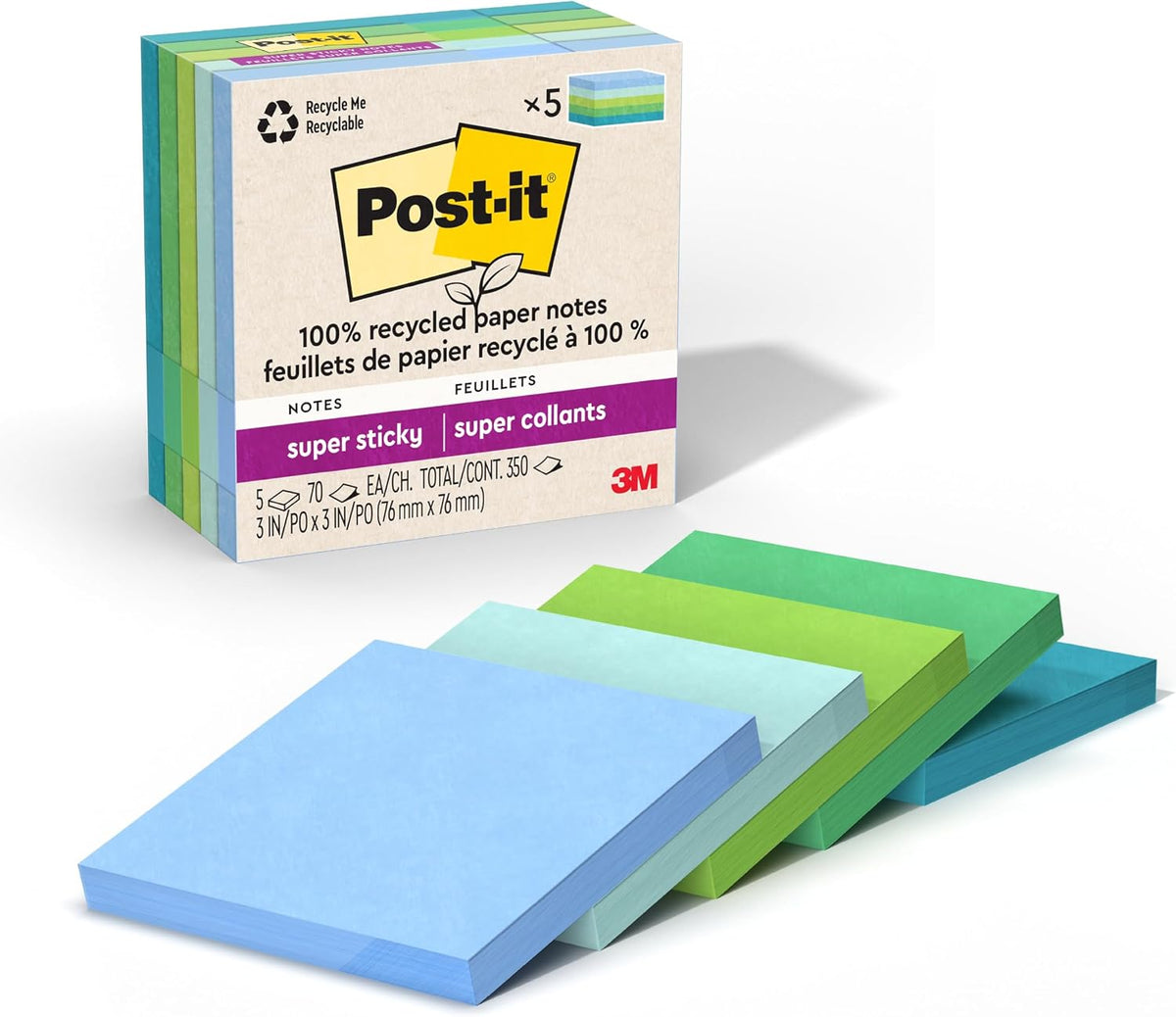 Post-it 100% Recycled Super Sticky Notes, 3 x 3 in, Oasis, 5 Pads
