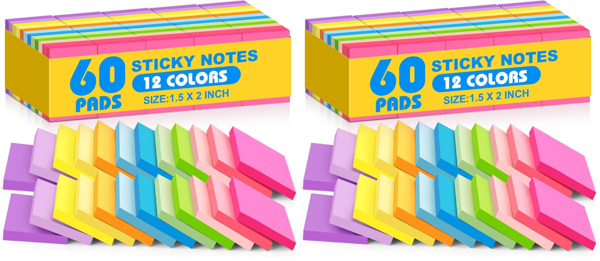 (60 Pack) Sticky Notes 1.5x2 in, 12 Bright Colors Self-Stick Note Pads
