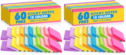 (60 Pack) Sticky Notes 1.5x2 in, 12 Bright Colors Self-Stick Note Pads