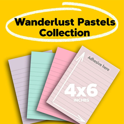 Post-it 100% Recycled Paper Super Sticky Notes, Lined, 4 in. x 6 in., 4 Pads, 45 Sheets per Pad, Wanderlust Pastels, School Supplies and Office Products