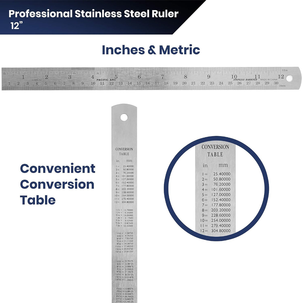 Pacific Arc 12 Inch Stainless Steel Ruler with Inch/Metric Conversion Table