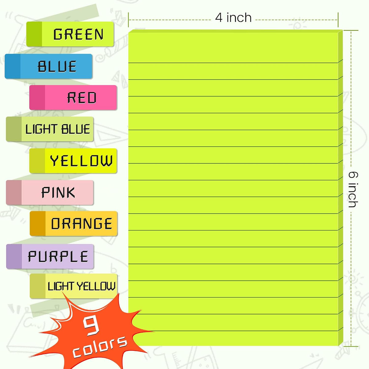 (18 Pads) Lined Sticky Notes 4x6 in Post, 9 Bright Colors