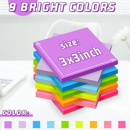 (36 Pads) Sticky Notes 3 x 3 in Post, 9 Bright Colors Self-Stick Pads
