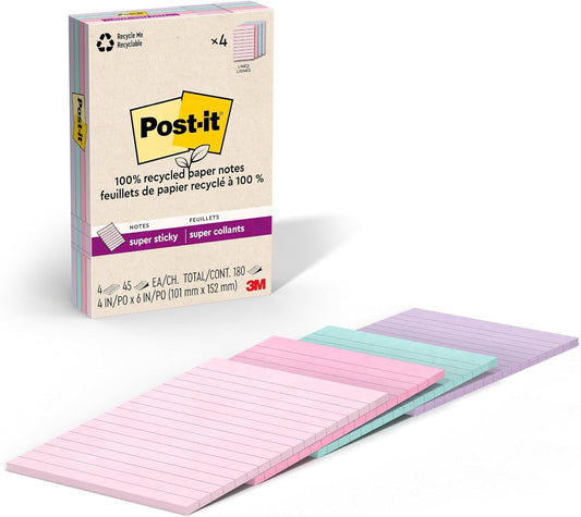 Post-it 100% Recycled Paper Super Sticky Notes, Lined, 4 in. x 6 in., 4 Pads, 45 Sheets per Pad, Wanderlust Pastels, School Supplies and Office Products