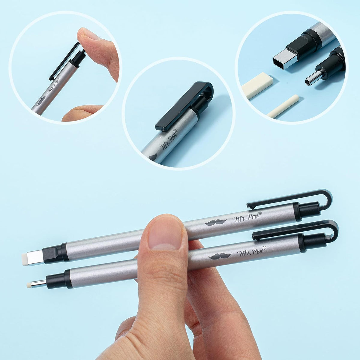 Mr. Pen- Pen Style Eraser Set, 2 Pack, Square & Round Tip