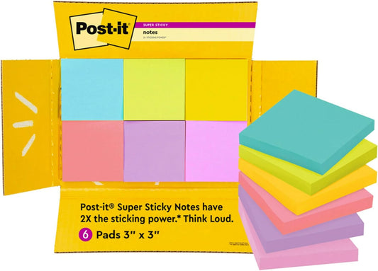 Post-it Super Sticky Notes, 3 x 3 in, Assorted Brights, 6 Pads