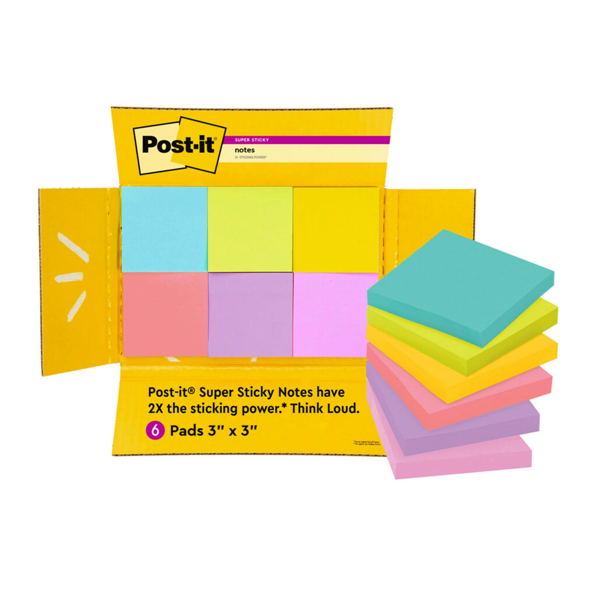 Post-it Super Sticky Notes, 3 x 3 in, Assorted Brights, 6 Pads
