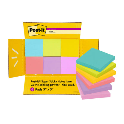 Post-it Super Sticky Notes, 3 x 3 in, Assorted Brights, 6 Pads