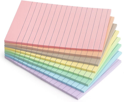 Lined Sticky Notes, 4x6 in, 8 Pack, Light Colors, Self-Adhesive Notepads