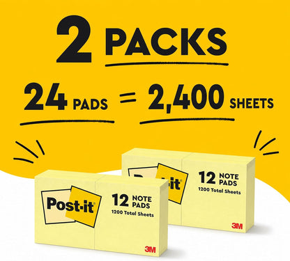 Post-it Sticky Notes 654, Canary Yellow, 3x3 in, 2 Pack, 24 Pads