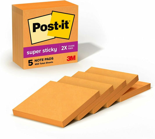 Post-it Super Sticky Notes, 3 x 3 in, Vital Orange, 5 Pads, 90 Sheets/Pad