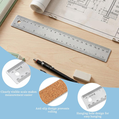 Metal Ruler 8 Inch - Stainless Steel Metal Ruler with Cork Backing Non-Slip Rulers with Inch and Centimeters Straight Edge Cork Base Rulers for School Office Drawing Office Drafting Tools
