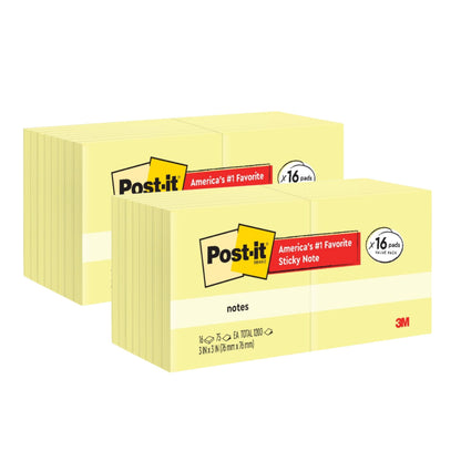 Post-it Sticky Notes 654, Canary Yellow, 3x3 in, 2 Pack, 24 Pads