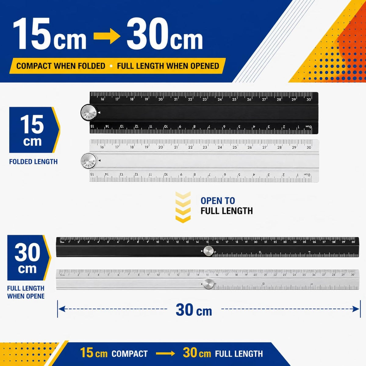 SNX 2 Pack Folding Rulers, 30cm Aluminum Alloy Angle Rulers, Black Silver