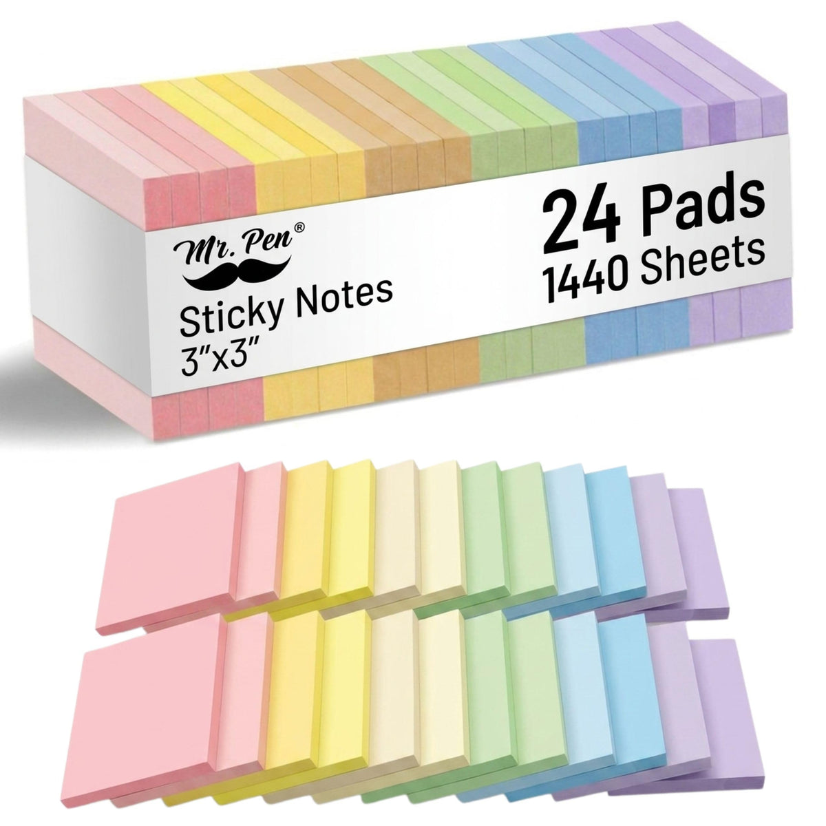 Mr. Pen- Sticky Notes, 3"x3", 24 Pads, 1440 Sheets, Pastel Colors