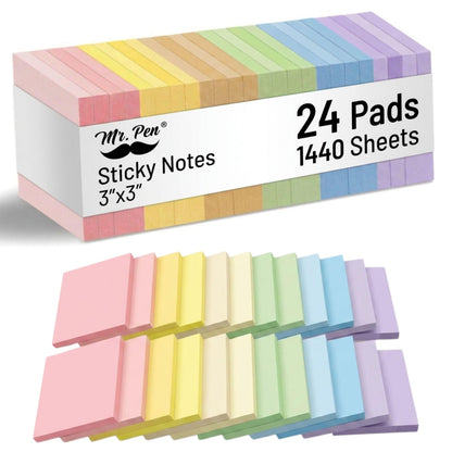 Mr. Pen- Sticky Notes, 3"x3", 24 Pads, 1440 Sheets, Pastel Colors