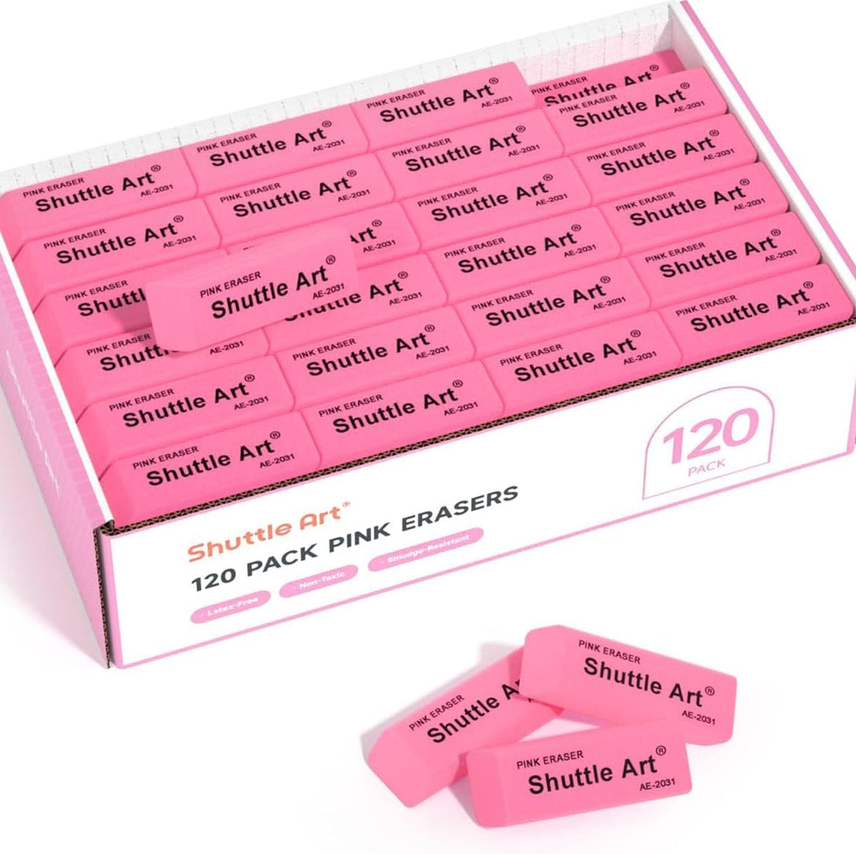 Pink Erasers, Shuttle Art 120 Pack Pink Erasers Bulk for School, Office, Latex-Free Soft Eraser for Kids, Teachers as School Supplies