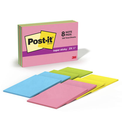 Post-it Super Sticky Notes, 6 x 4 in, Neon Fizz, 8 Pads, 45 Sheets/Pad