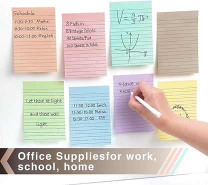 Lined Sticky Notes, 4x6 in, 8 Pack, Light Colors, Self-Adhesive Notepads