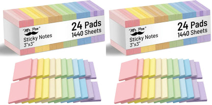 Mr. Pen- Sticky Notes, 3"x3", 24 Pads, 1440 Sheets, Pastel Colors