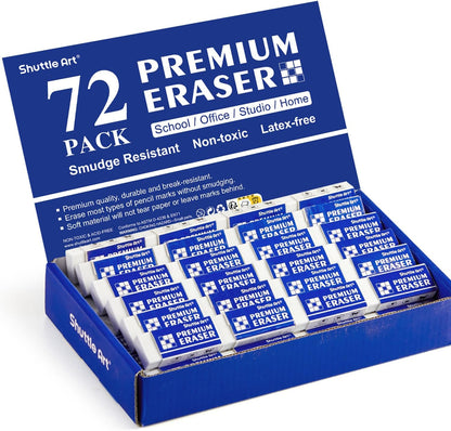 Erasers, Shuttle Art 72 Pack Premium Erasers Bulk, White Eraser Classroom Set for Kids Teachers as School and Office Supplies