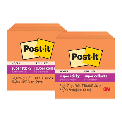 Post-it Super Sticky Notes, 3 x 3 in, Vital Orange, 5 Pads, 90 Sheets/Pad