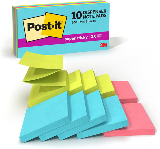 Post-it Super Sticky Dispenser Notes, 3 x 3 in, Supernova Neons, 10 Pads