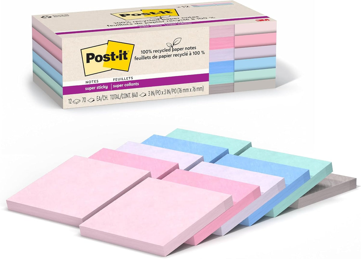 Post-it 100% Recycled Paper Super Sticky Notes, 2X the Sticking Power, 3x3 in, 12 Pads/Pack, 70 Sheets/Pad, Wanderlust Pastels Collection