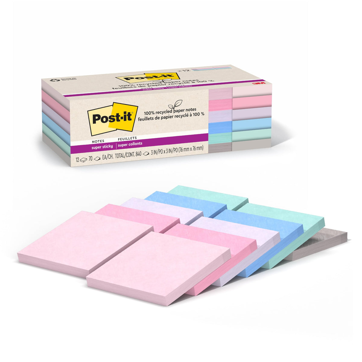 Post-it 100% Recycled Paper Super Sticky Notes, 2X the Sticking Power, 3x3 in, 12 Pads/Pack, 70 Sheets/Pad, Wanderlust Pastels Collection