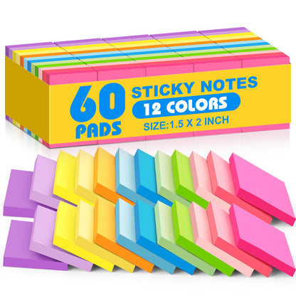 (60 Pack) Sticky Notes 1.5x2 in, 12 Bright Colors Self-Stick Note Pads