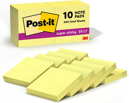 Post-it Super Sticky Notes, 2 in x 2 in, 10 Pads, 2X Sticking Power, Canary Yellow, Recyclable (622-10SSCY)