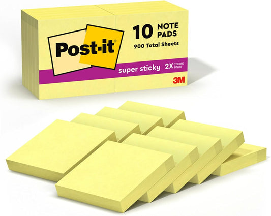Post-it Super Sticky Notes, 2 in x 2 in, 10 Pads, 2X Sticking Power, Canary Yellow, Recyclable (622-10SSCY)