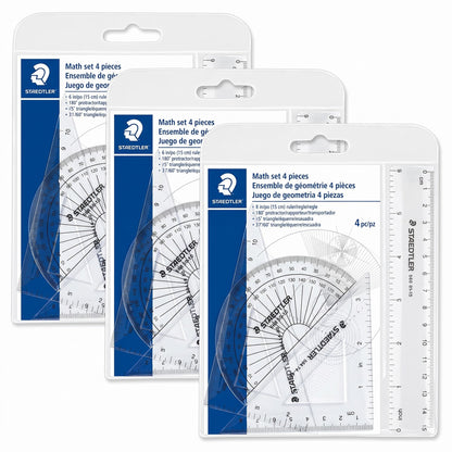 STAEDTLER Math Set - 4 pc Geometry Kit for Students - School Supplies with Clear Protractor, 6in Ruler & 2 Triangles – Metric & Imperial Scales
