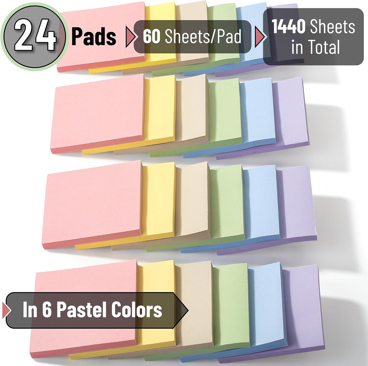 Mr. Pen- Sticky Notes, 3"x3", 24 Pads, 1440 Sheets, Pastel Colors
