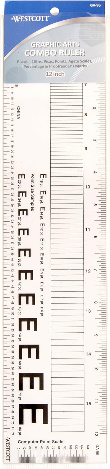 Westcott GA-96 Computer Point & Pica Ruler, Transparent Graphic Arts Ruler, 12 Inch